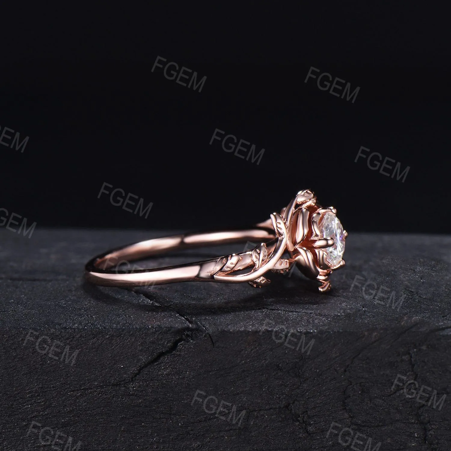 0.5CTW Rose Flower Brilliant Diamond Engagement Ring Nature Inspired Leaf Round Lab Grown Diamond Ring 14K Rose Gold Floral Emerald Ring IGI Certificate Wedding Ring