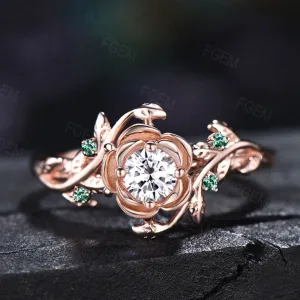 0.5CTW Rose Flower Brilliant Diamond Engagement Ring Nature Inspired Leaf Round Lab Grown Diamond Ring 14K Rose Gold Floral Emerald Ring IGI Certificate Wedding Ring