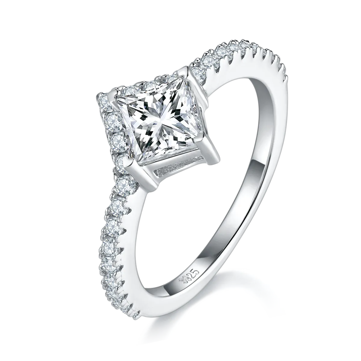 1.0 Carat Princess Cut Moissanite V-Shape Ring Set in S925 Silver Plated Platinum