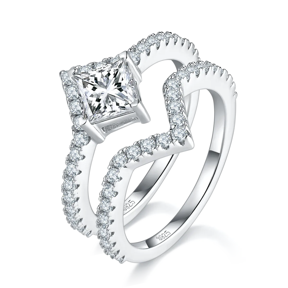 1.0 Carat Princess Cut Moissanite V-Shape Ring Set in S925 Silver Plated Platinum