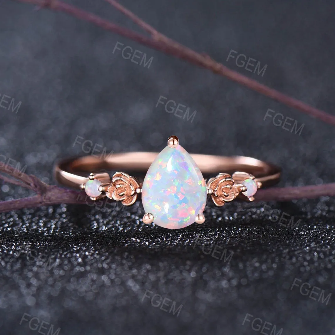 1.25ct Pear Shaped White Opal Engagement Ring Rose Flower Band Floral Opal Ring Nature Inspired Opal Ring October Birthstone Birthday Gift