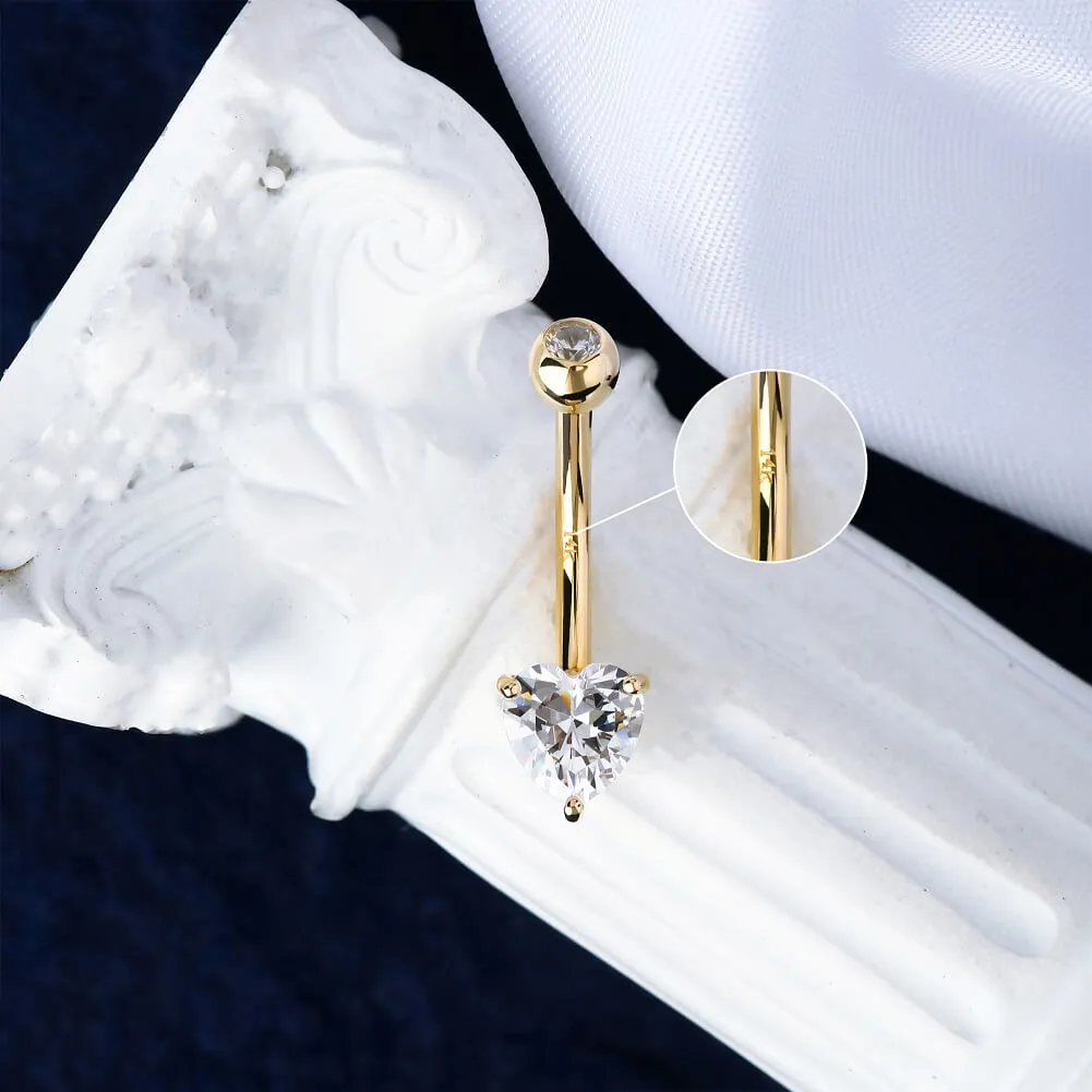 14K Gold Belly Button Rings 14G Heart Solitaire CZ Navel Ring