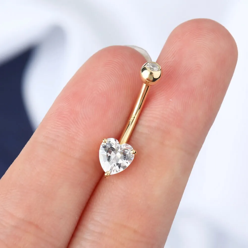 14K Gold Belly Button Rings 14G Heart Solitaire CZ Navel Ring