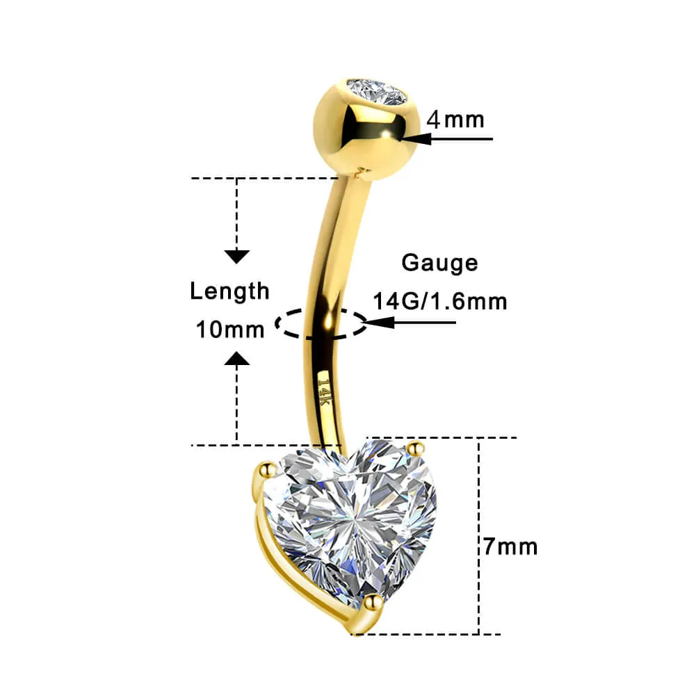 14K Gold Belly Button Rings 14G Heart Solitaire CZ Navel Ring