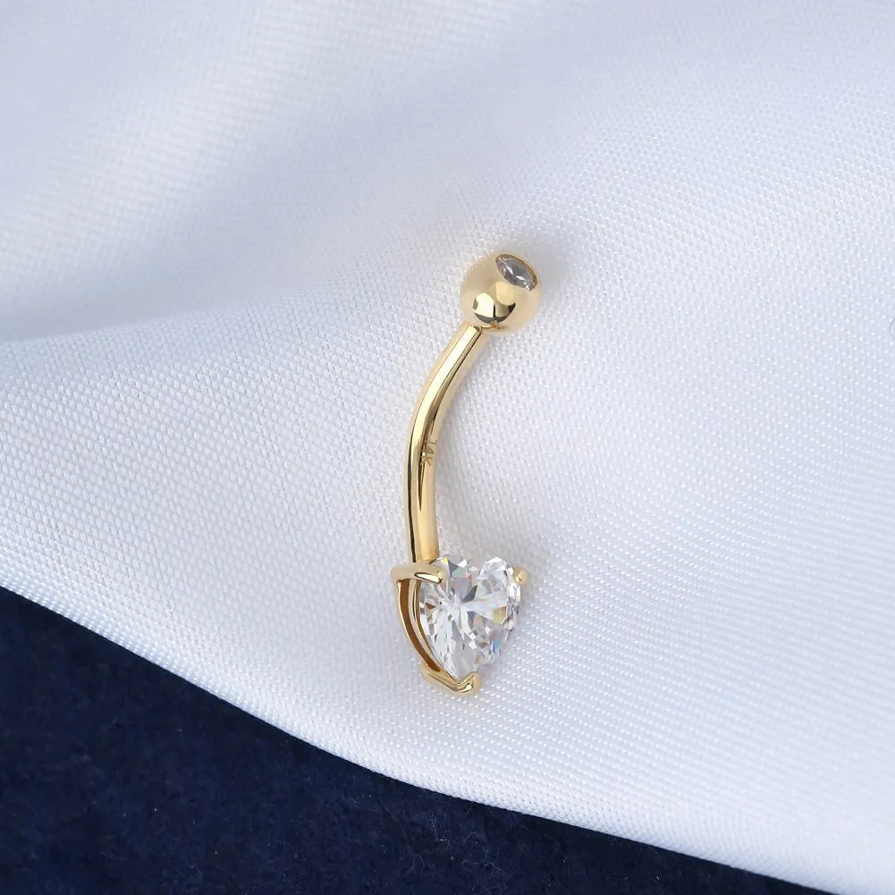14K Gold Belly Button Rings 14G Heart Solitaire CZ Navel Ring