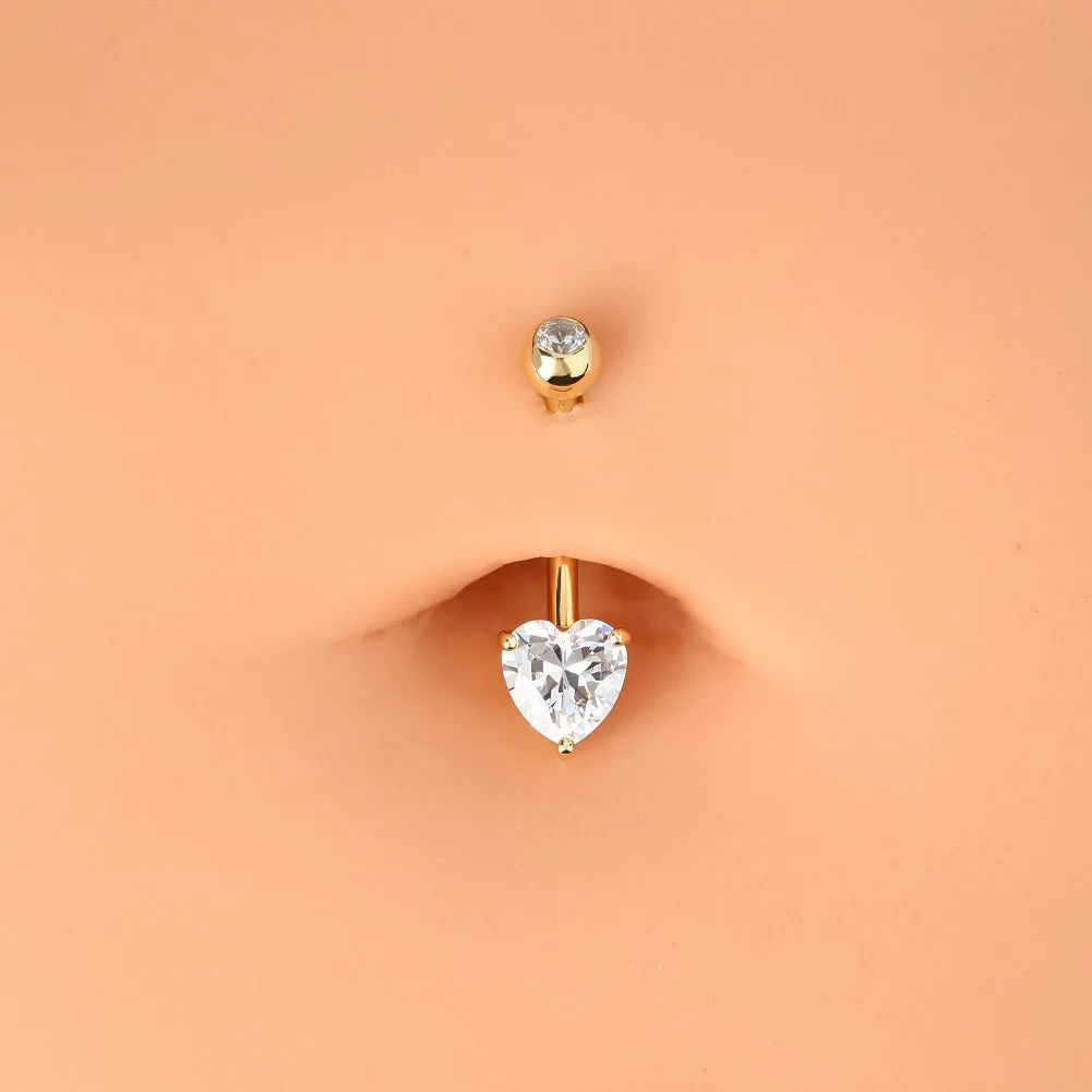 14K Gold Belly Button Rings 14G Heart Solitaire CZ Navel Ring