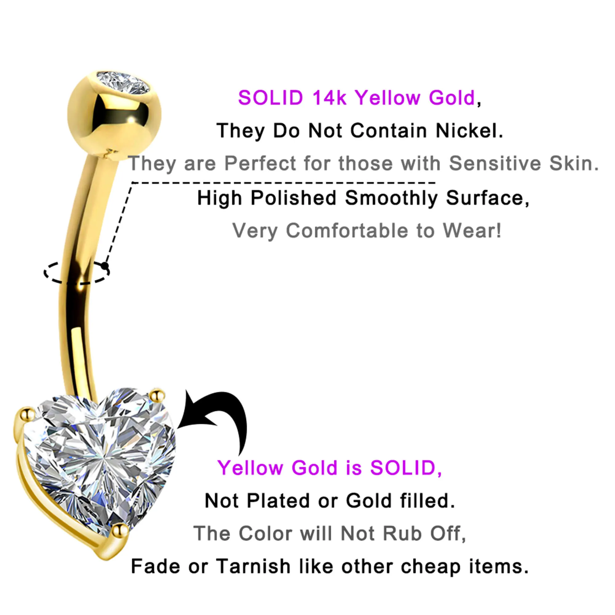 14K Gold Belly Button Rings 14G Heart Solitaire CZ Navel Ring