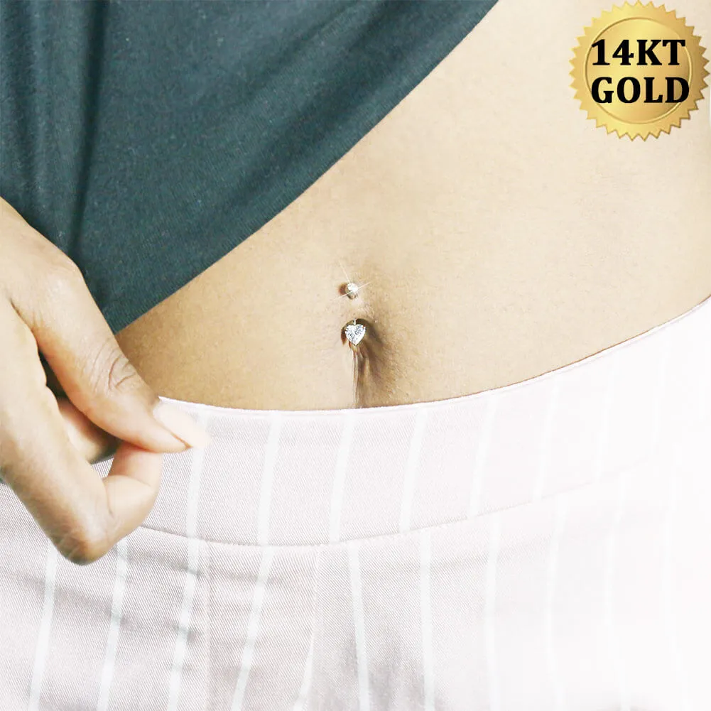 14K Gold Belly Button Rings 14G Heart Solitaire CZ Navel Ring