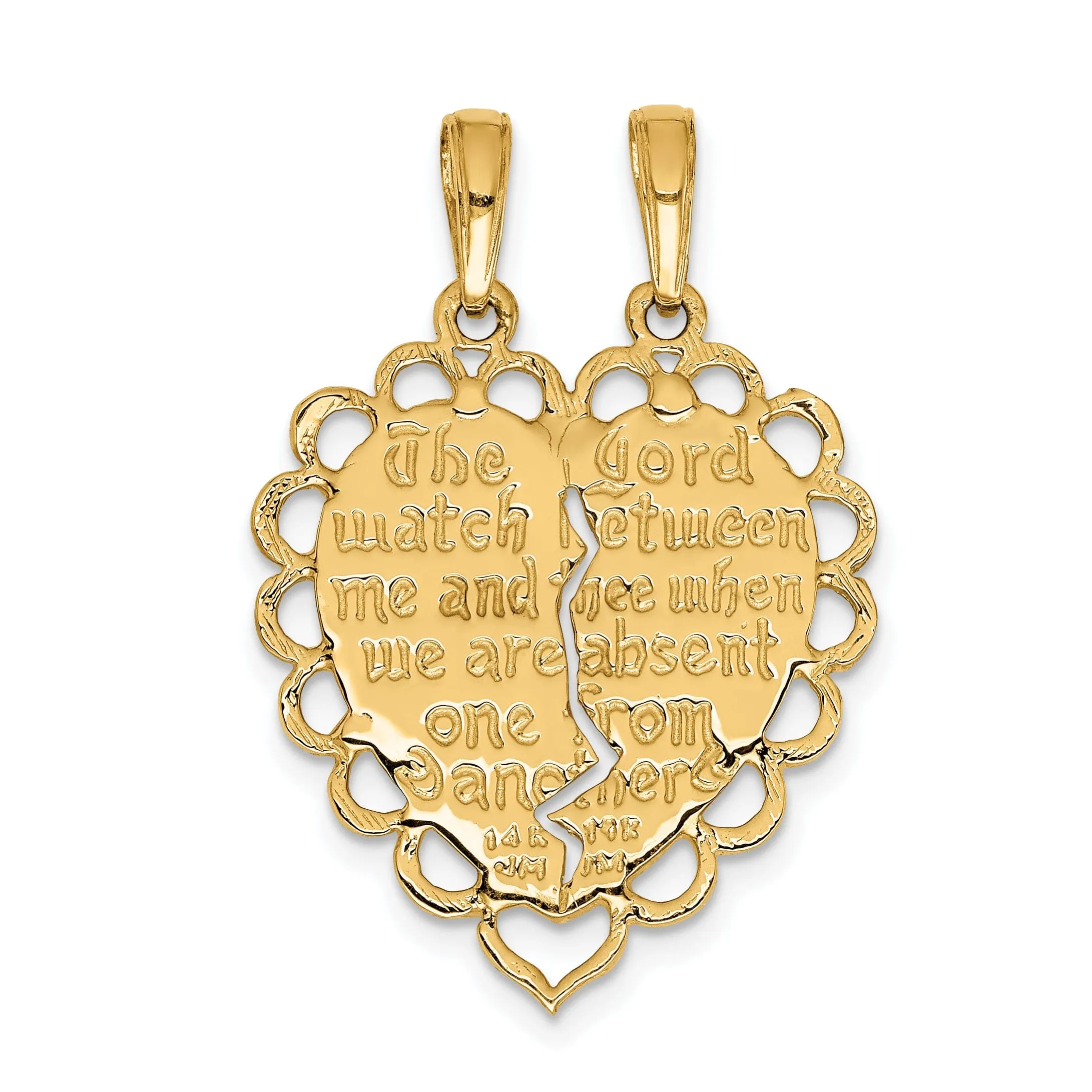 14k Yellow Gold 2 Piece Mizpah Charm Pendant. Engraving fee $22.00.