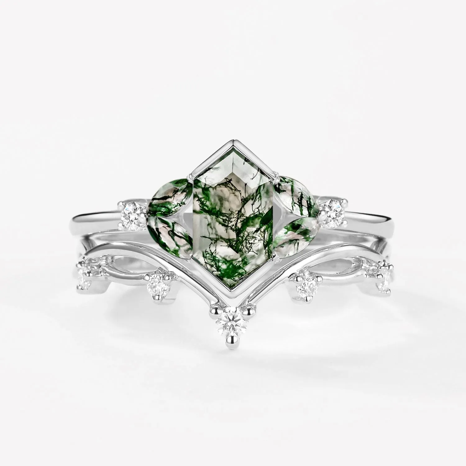 1.5ct Geometric Green Moss Agate Floral Ring Set 2PCS