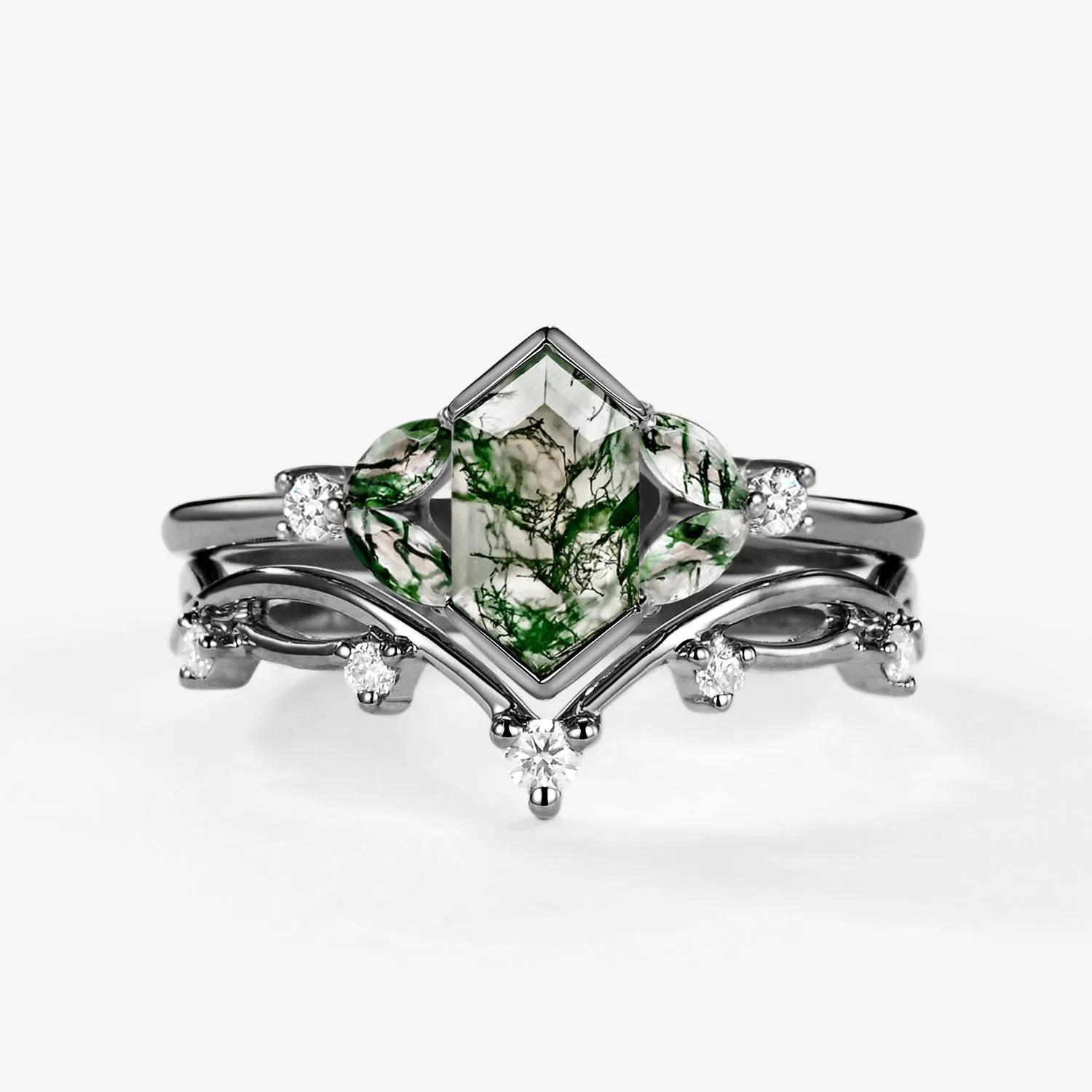 1.5ct Geometric Green Moss Agate Floral Ring Set 2PCS