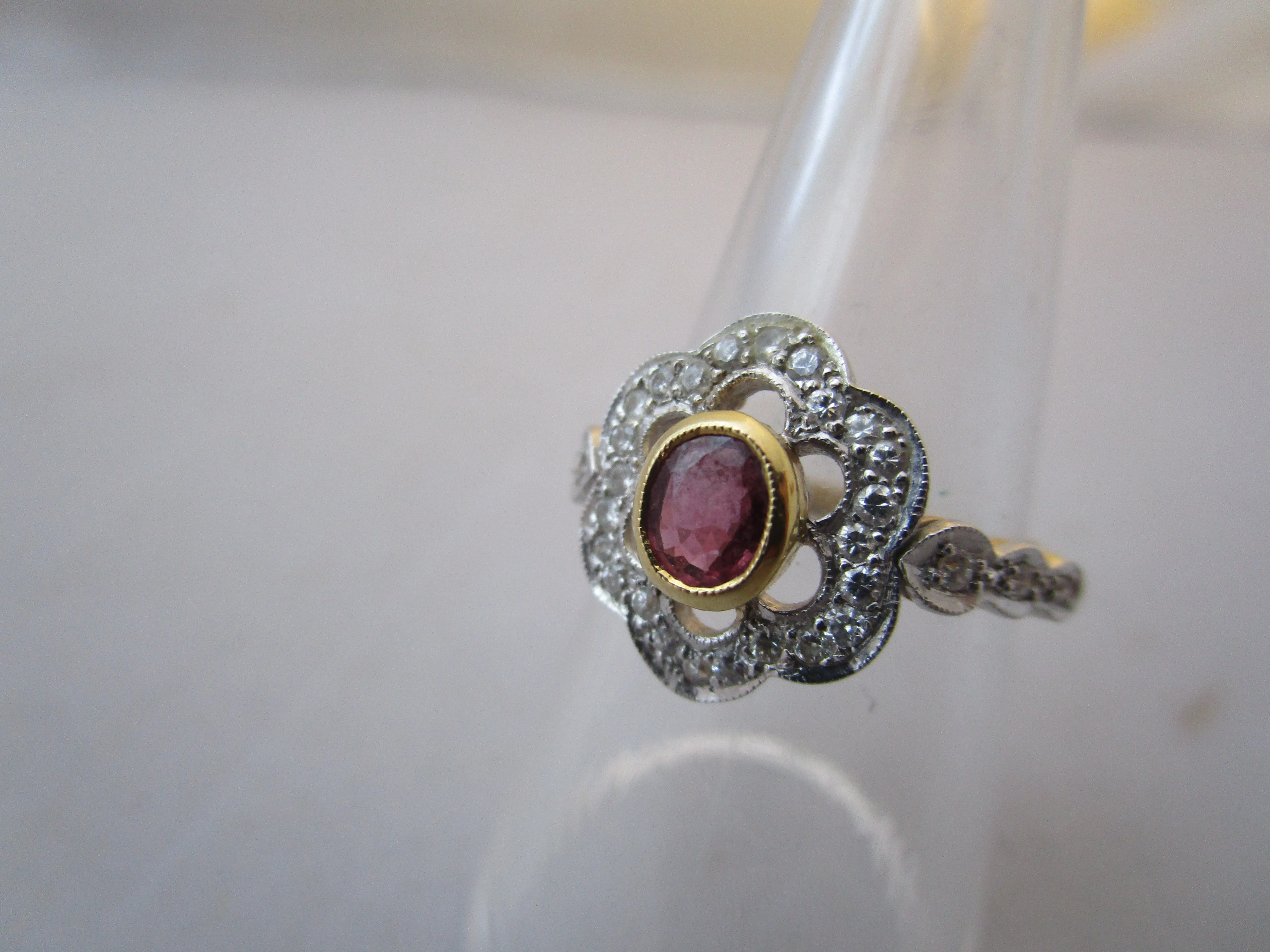 18K Gold Ruby And Diamond Floral Cluster Ring Vintage c1987
