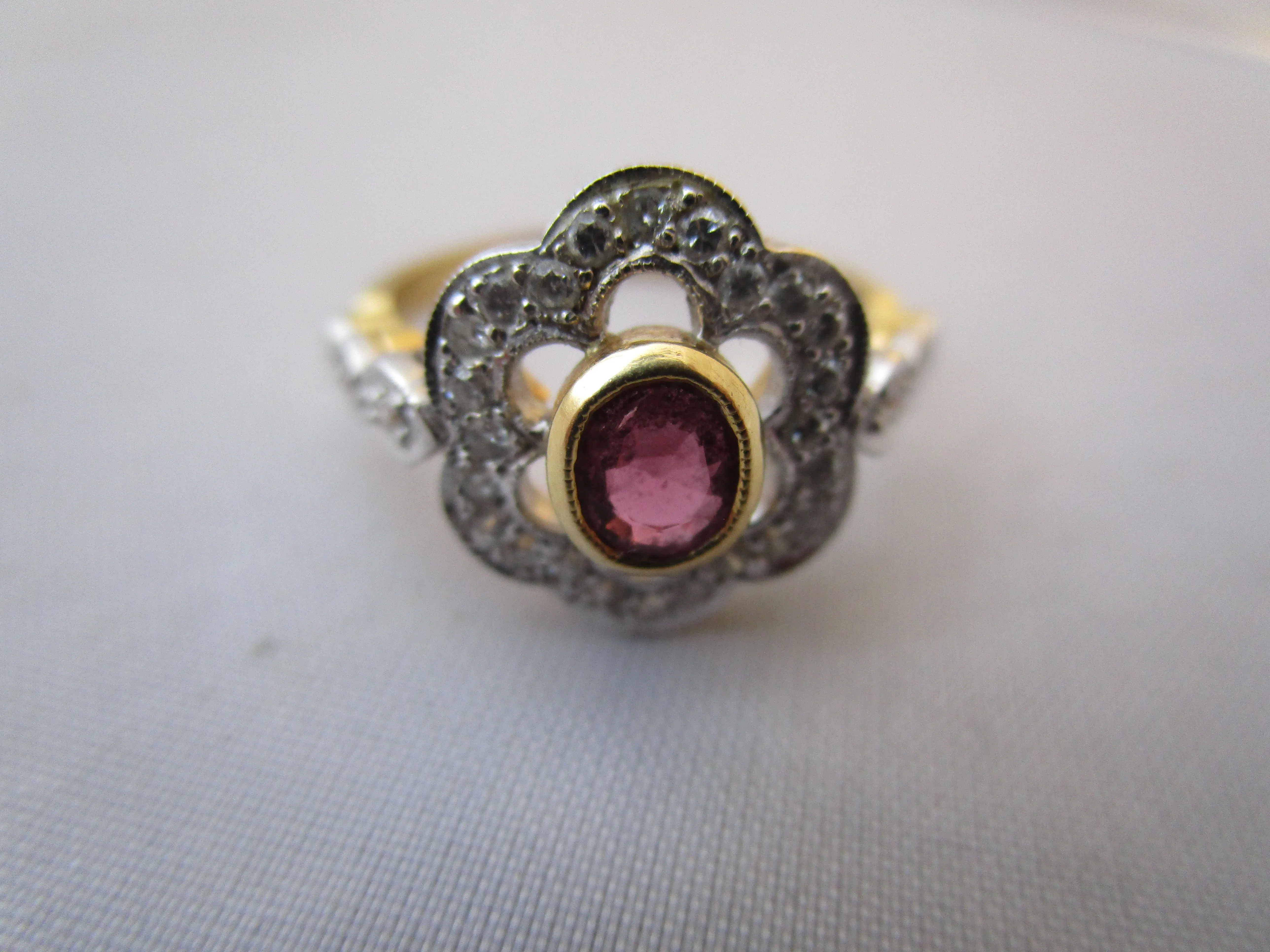 18K Gold Ruby And Diamond Floral Cluster Ring Vintage c1987
