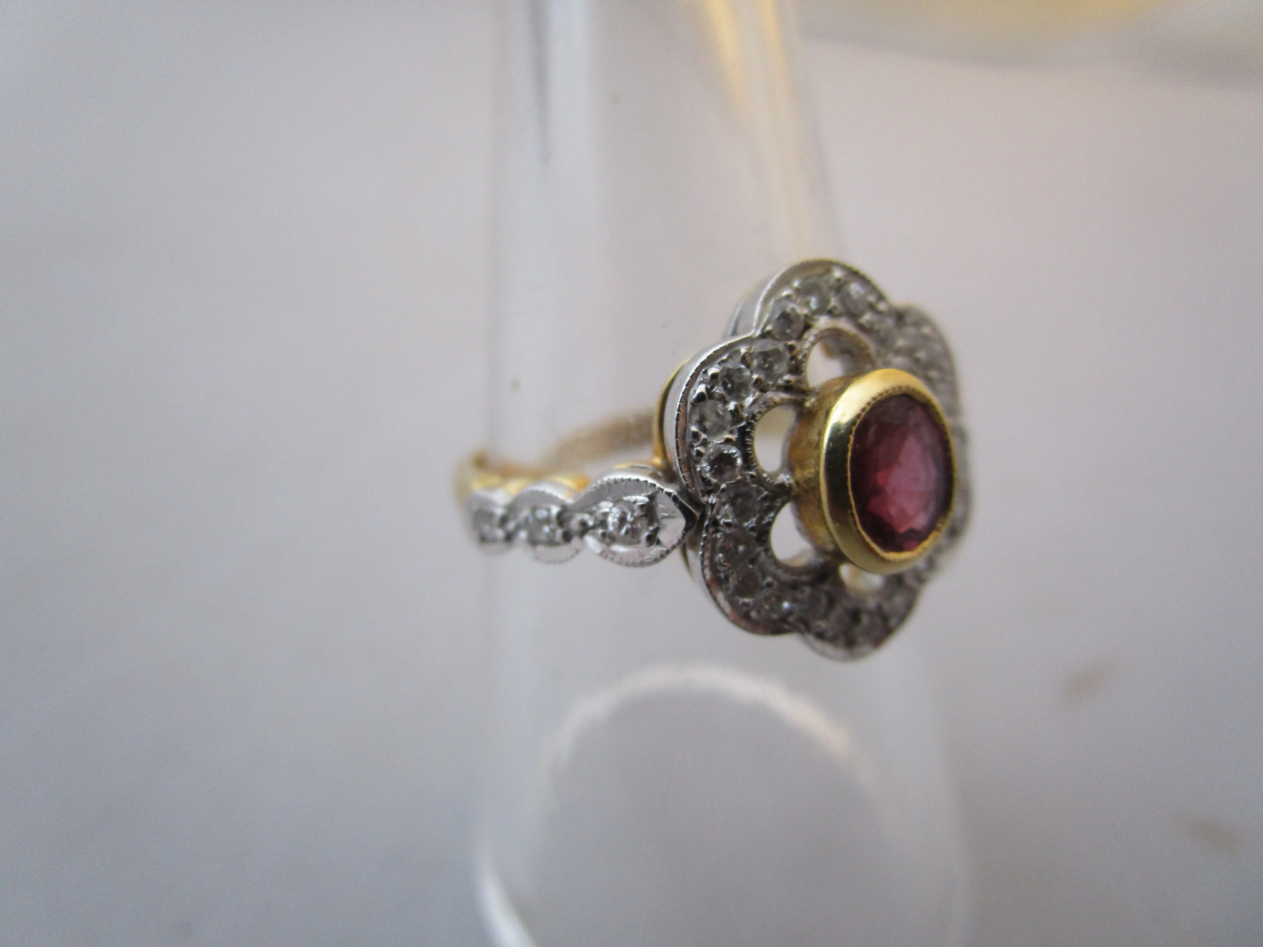 18K Gold Ruby And Diamond Floral Cluster Ring Vintage c1987