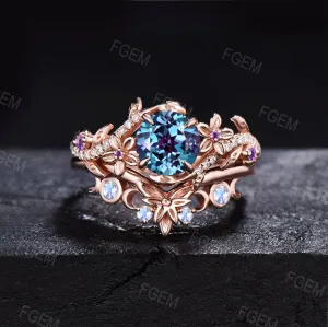 1ct Floral Blossom Nature Round Alexandrite Amethyst Engagement Bridal Set Unique Triple Moon Moonstone Wedding Ring Promise Gifts for Women