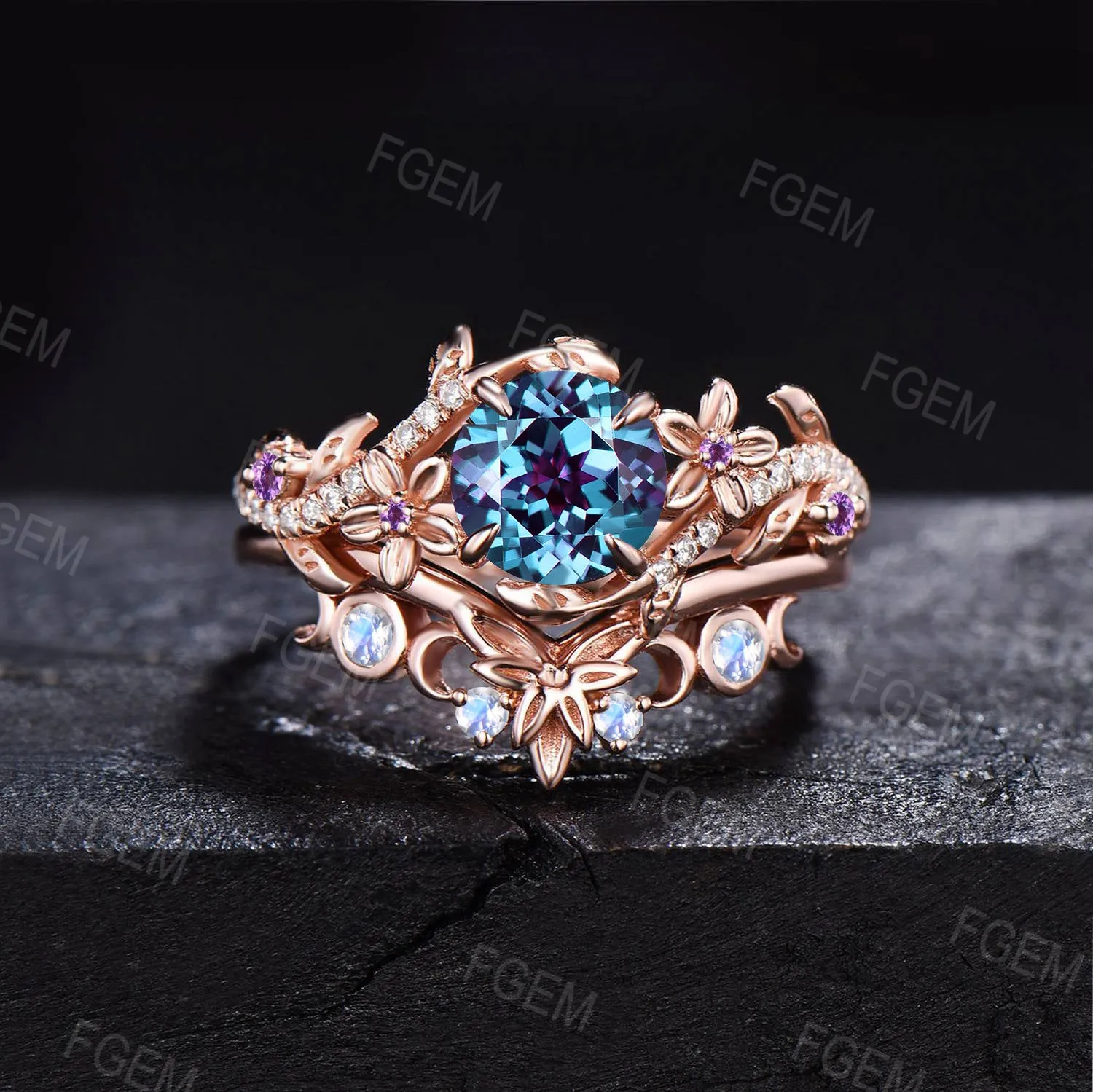 1ct Floral Blossom Nature Round Alexandrite Amethyst Engagement Bridal Set Unique Triple Moon Moonstone Wedding Ring Promise Gifts for Women