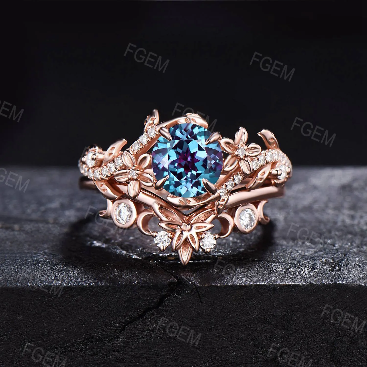 1ct Floral Blossom Nature Round Alexandrite Amethyst Engagement Bridal Set Unique Triple Moon Moonstone Wedding Ring Promise Gifts for Women