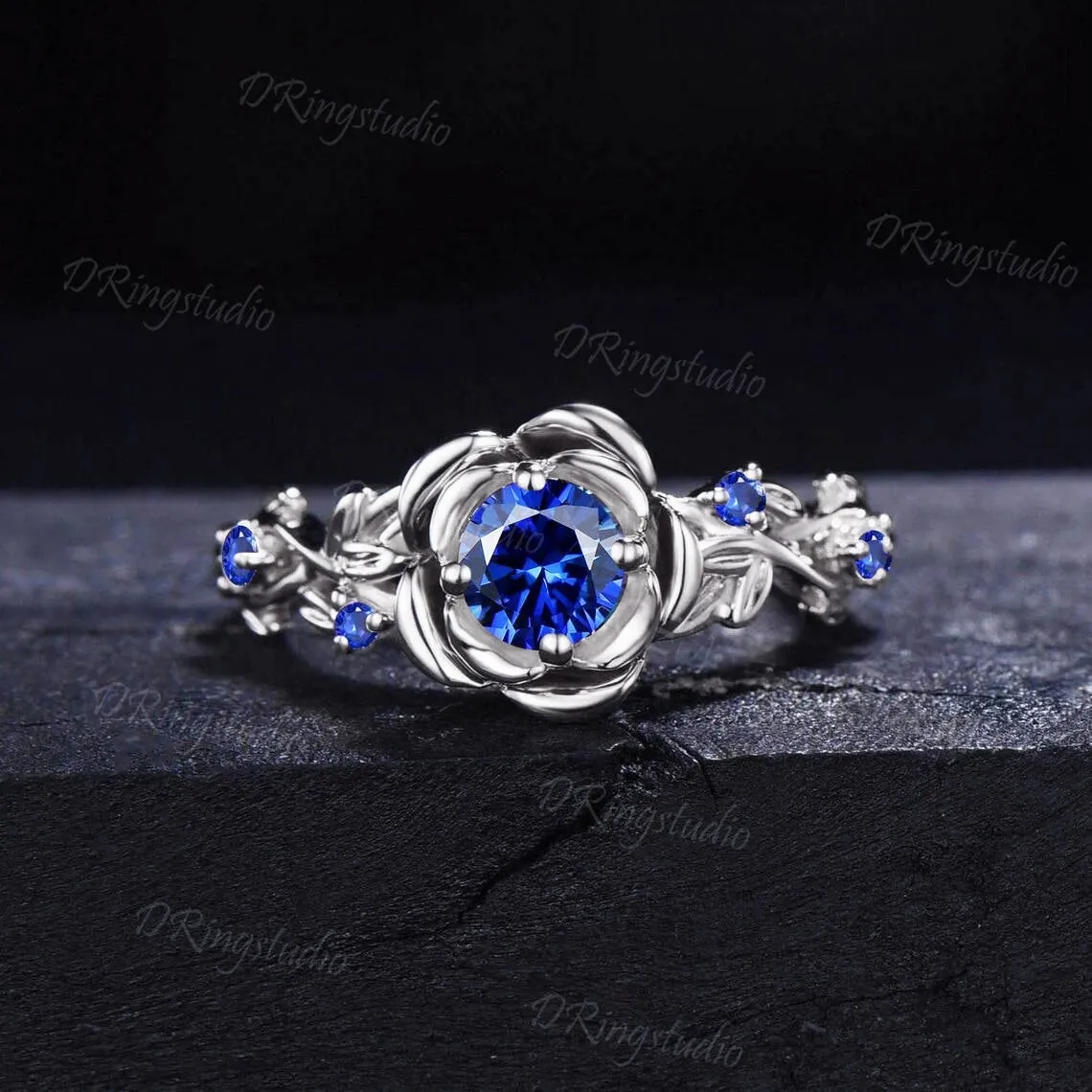 5mm Nature Inspired Blue Sapphire Ring 10K Yellow Gold Twig Leaf Rose Flower Blue Sapphire Nature Engagement Rings Unique Anniversary Gifts