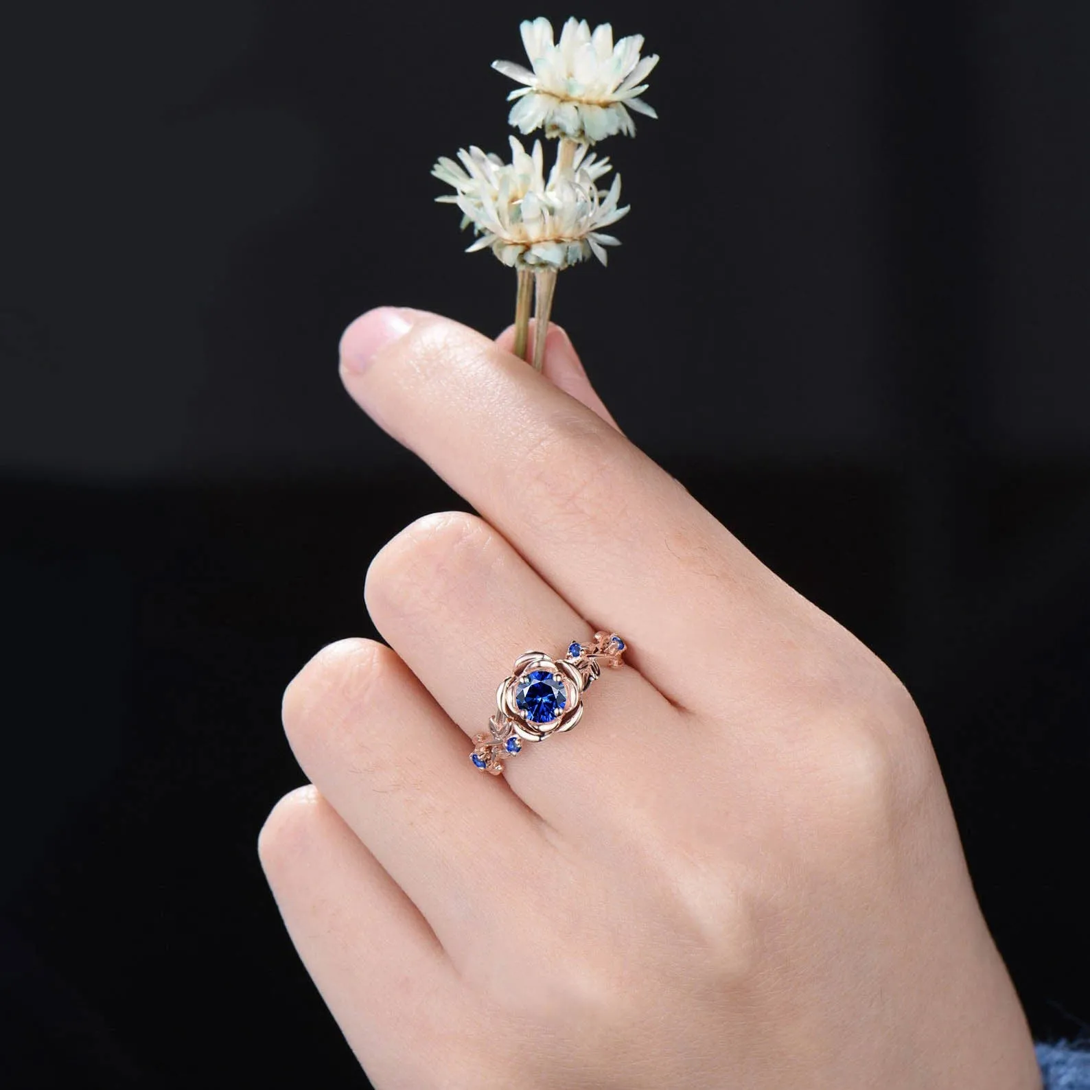 5mm Nature Inspired Blue Sapphire Ring 10K Yellow Gold Twig Leaf Rose Flower Blue Sapphire Nature Engagement Rings Unique Anniversary Gifts