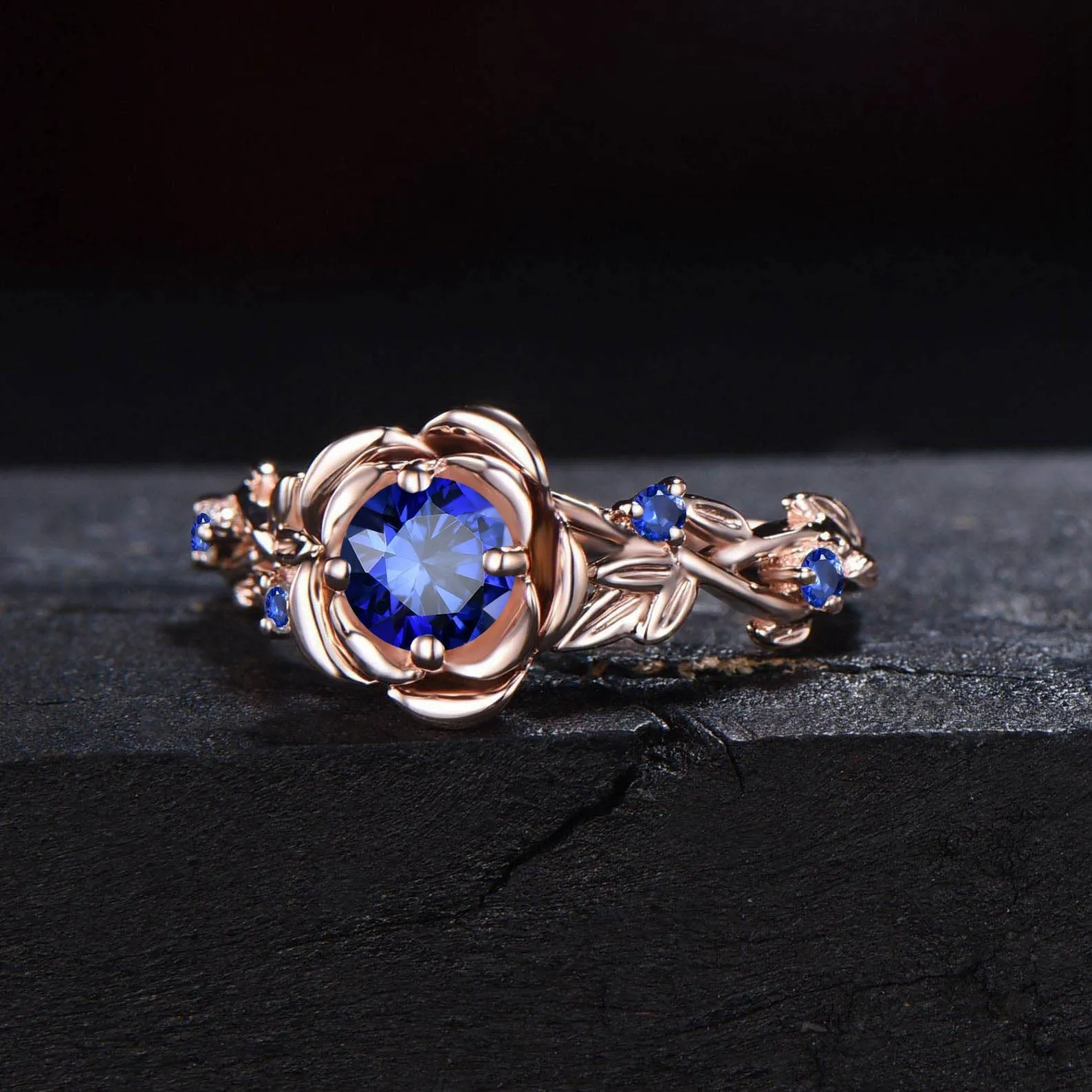 5mm Nature Inspired Blue Sapphire Ring 10K Yellow Gold Twig Leaf Rose Flower Blue Sapphire Nature Engagement Rings Unique Anniversary Gifts