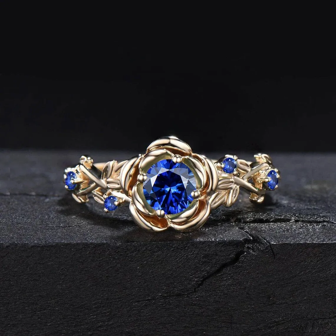 5mm Nature Inspired Blue Sapphire Ring 10K Yellow Gold Twig Leaf Rose Flower Blue Sapphire Nature Engagement Rings Unique Anniversary Gifts
