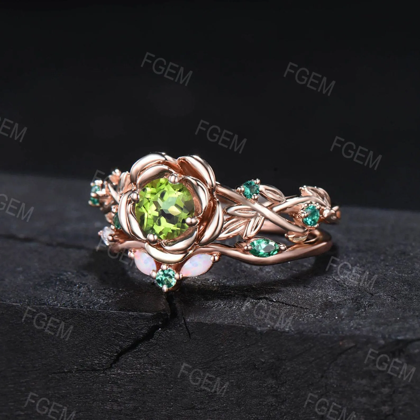 5MM Round Natural Peridot Emerald Opal Wedding Ring Set Green Gemstone Jewelry Branch Rose Flower Peridot Ring Set Nature Engagement Rings