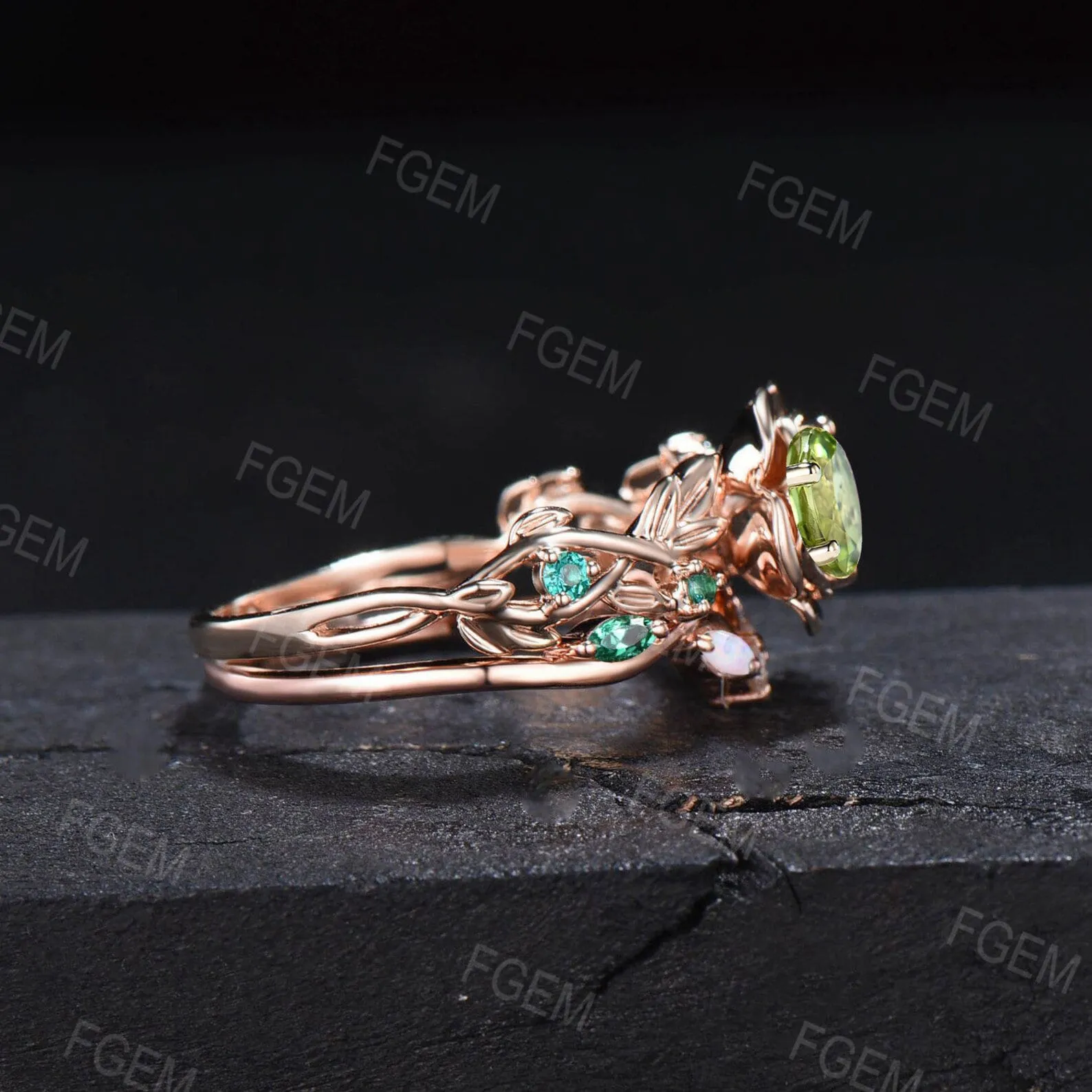 5MM Round Natural Peridot Emerald Opal Wedding Ring Set Green Gemstone Jewelry Branch Rose Flower Peridot Ring Set Nature Engagement Rings