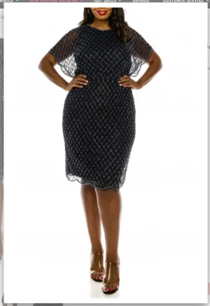 Adrianna Papell AP1E206467W Plus Size Navy Dolman Sleeve Beaded Dress
