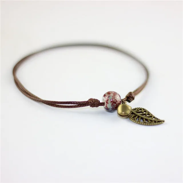Anklet Ceramic Bead Adjustable Leaf Charm Bell Rope