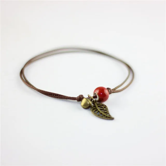 Anklet Ceramic Bead Adjustable Leaf Charm Bell Rope