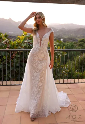 Beaded Cap Sleeve Bridal Overskirt Wedding Dress Long Beaded Cap Sleeve Bridal JE995L