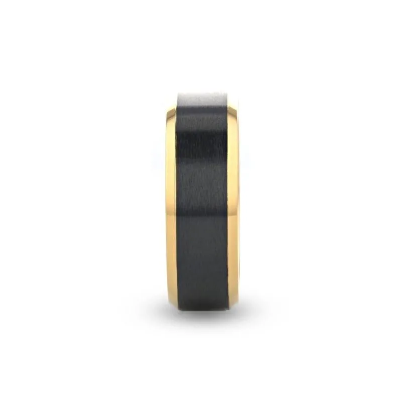 BEAUMONT Gold Plated Titanium Polished Beveled Ring with Brushed Black Center - 8mm