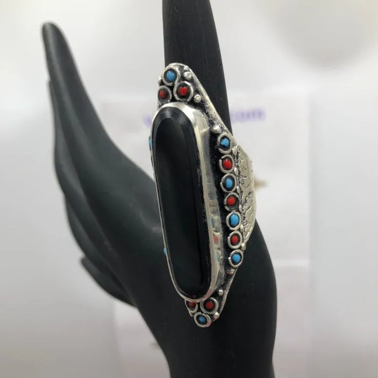 Big Stone Ring With Turquoise and Coral Beads