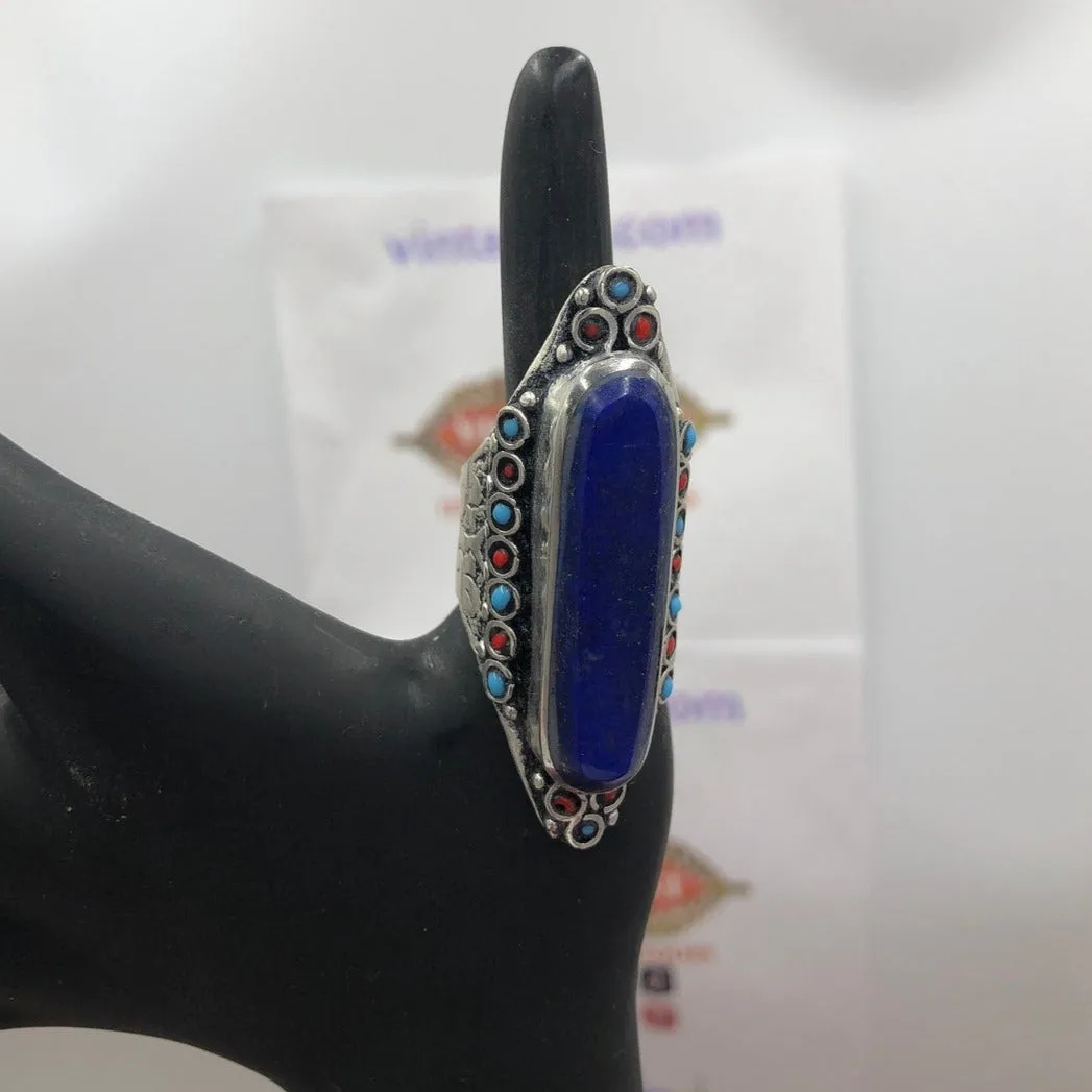 Big Stone Ring With Turquoise and Coral Beads