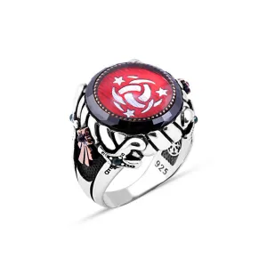 Black Onyx Stone Rim Around Circle Enameled the Special Organization Symbol Silver Men's Ring Siding Double Sword and Ribbon