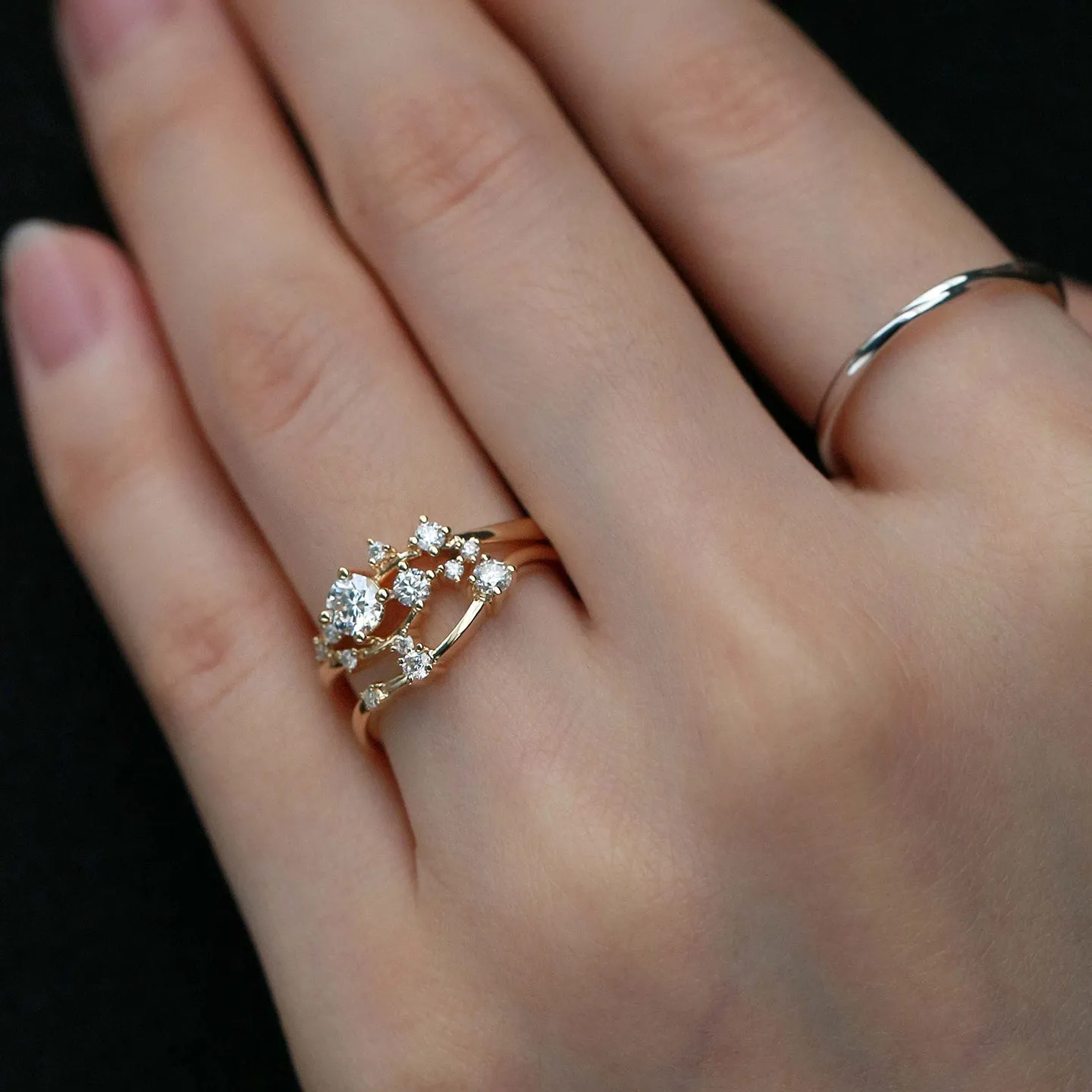 Cluster Moissanite Rose Gold Wedding Ring Set 2pcs