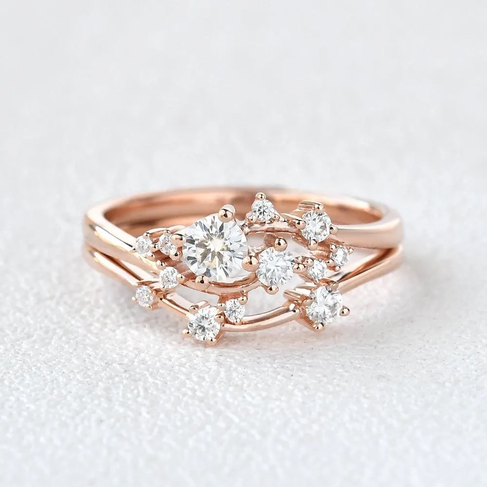 Cluster Moissanite Rose Gold Wedding Ring Set 2pcs
