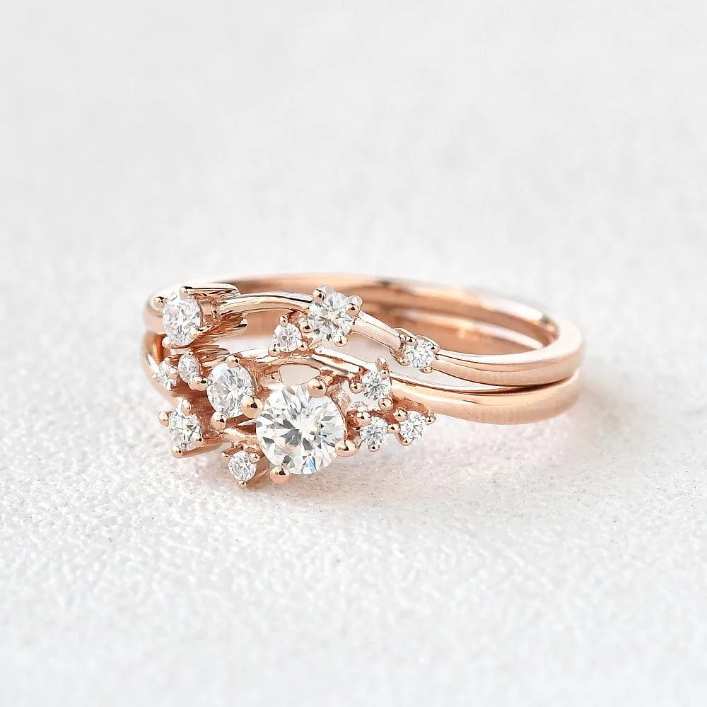 Cluster Moissanite Rose Gold Wedding Ring Set 2pcs