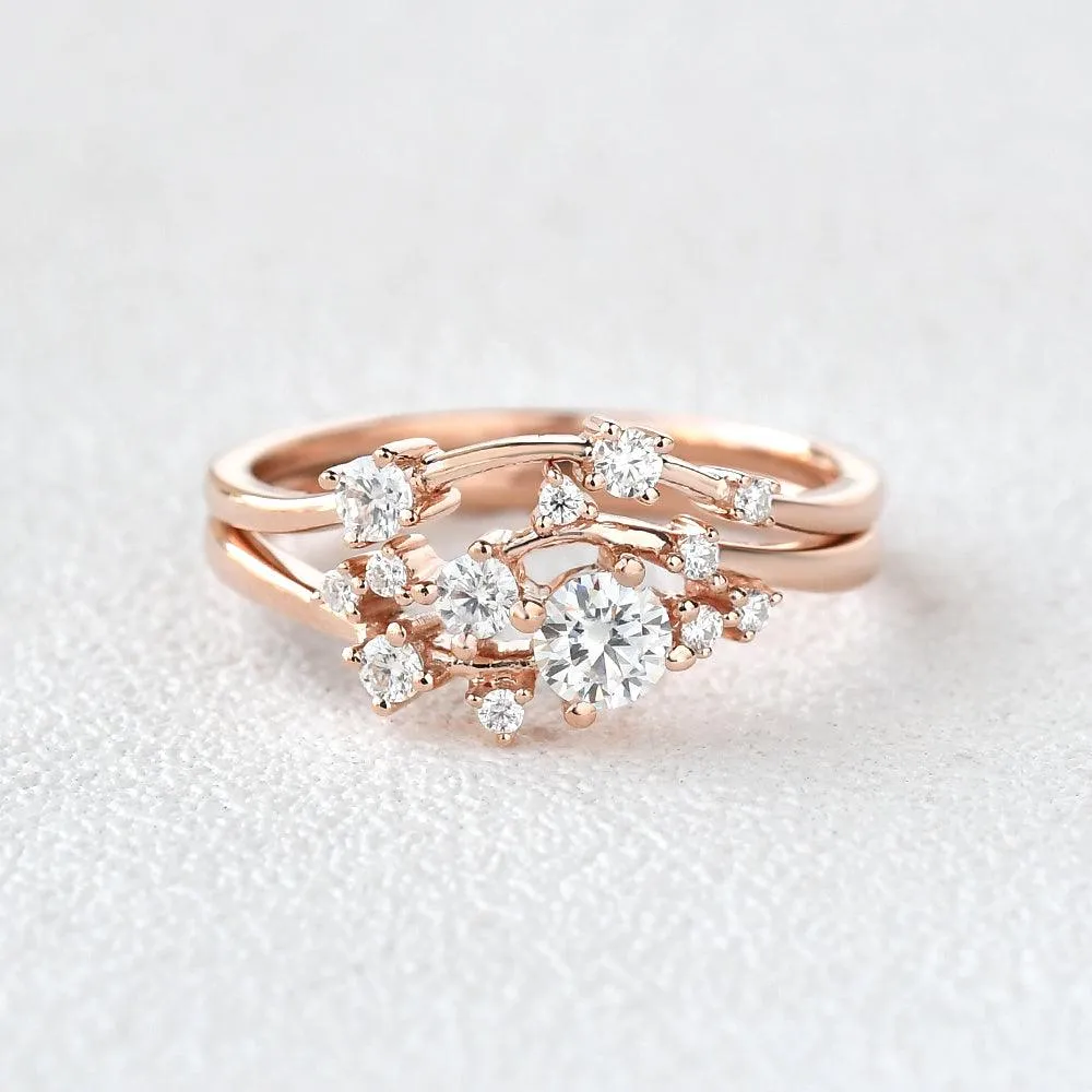 Cluster Moissanite Rose Gold Wedding Ring Set 2pcs
