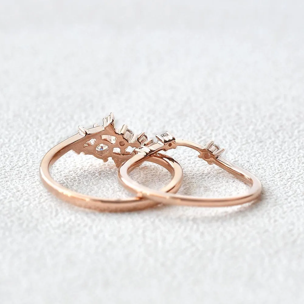 Cluster Moissanite Rose Gold Wedding Ring Set 2pcs