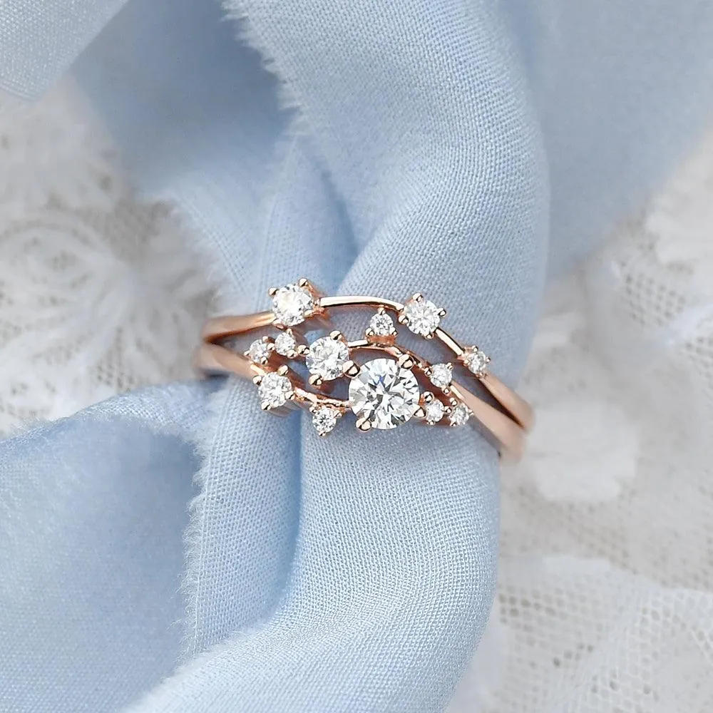 Cluster Moissanite Rose Gold Wedding Ring Set 2pcs