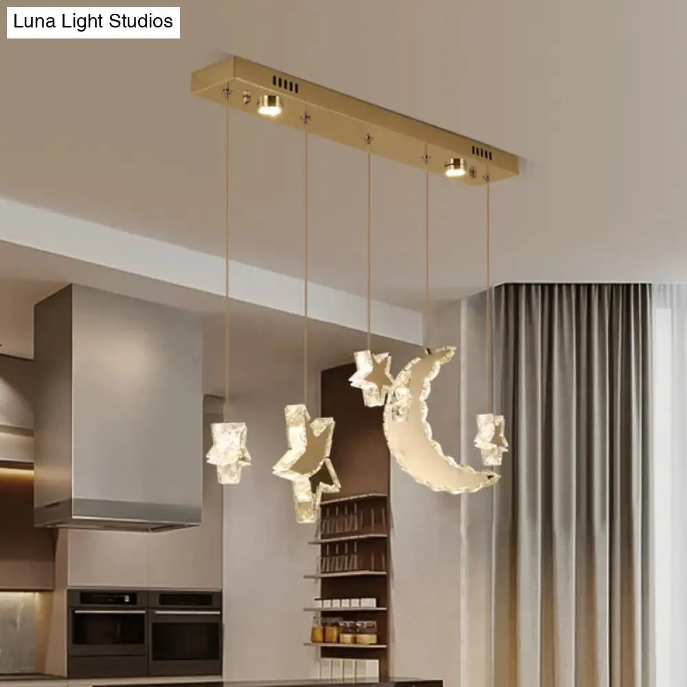 Contemporary LED Pendant Lamp - Moon and Star Bedroom Hanging Light with Clear Crystal Blocks, Stainless-Steel Design