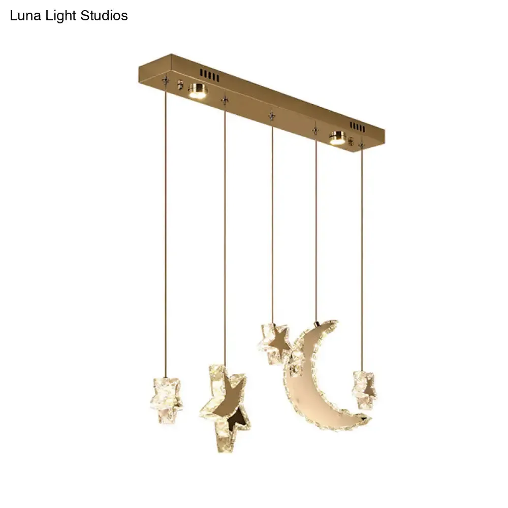Contemporary LED Pendant Lamp - Moon and Star Bedroom Hanging Light with Clear Crystal Blocks, Stainless-Steel Design