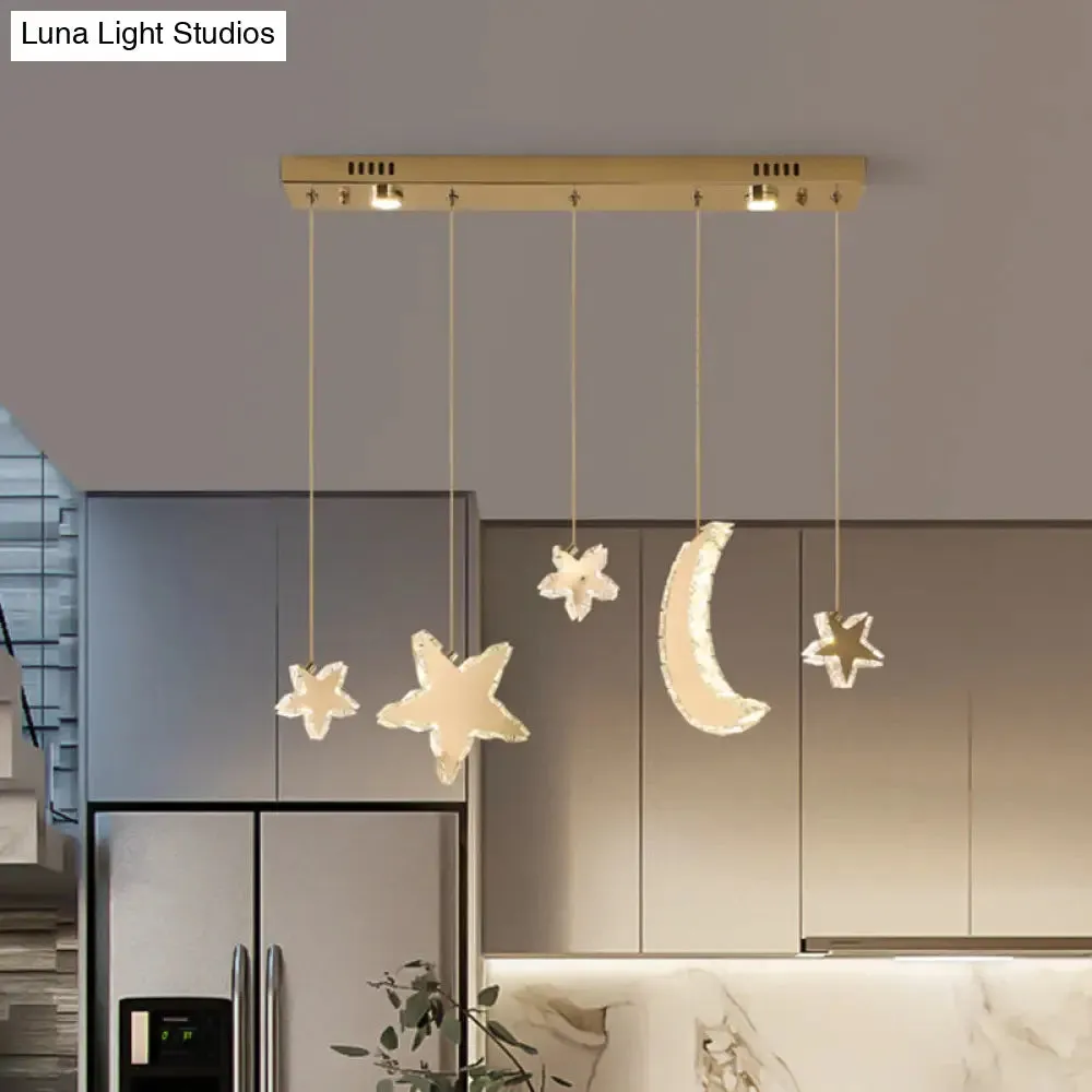 Contemporary LED Pendant Lamp - Moon and Star Bedroom Hanging Light with Clear Crystal Blocks, Stainless-Steel Design