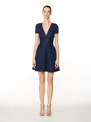 CREPE V-NECK DRESS WITH BEADED WAIST