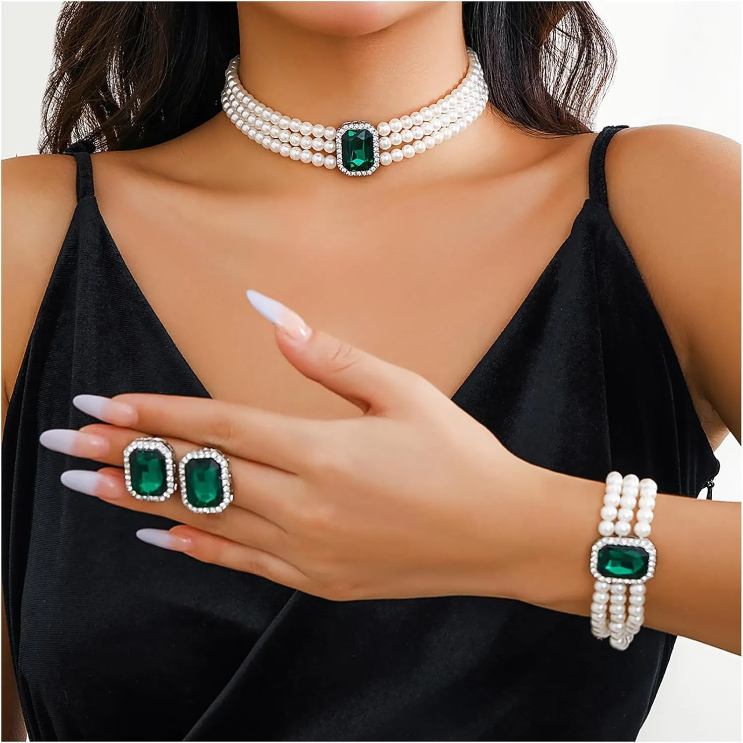 Crystal Choker Necklace for Women Earring Necklace&Bracelet Set Fashion Gemstone Pearl Necklace for Party and Wedding