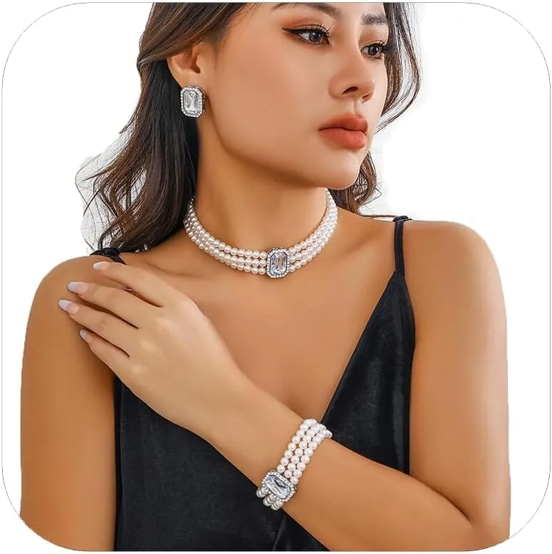 Crystal Choker Necklace for Women Earring Necklace&Bracelet Set Fashion Gemstone Pearl Necklace for Party and Wedding