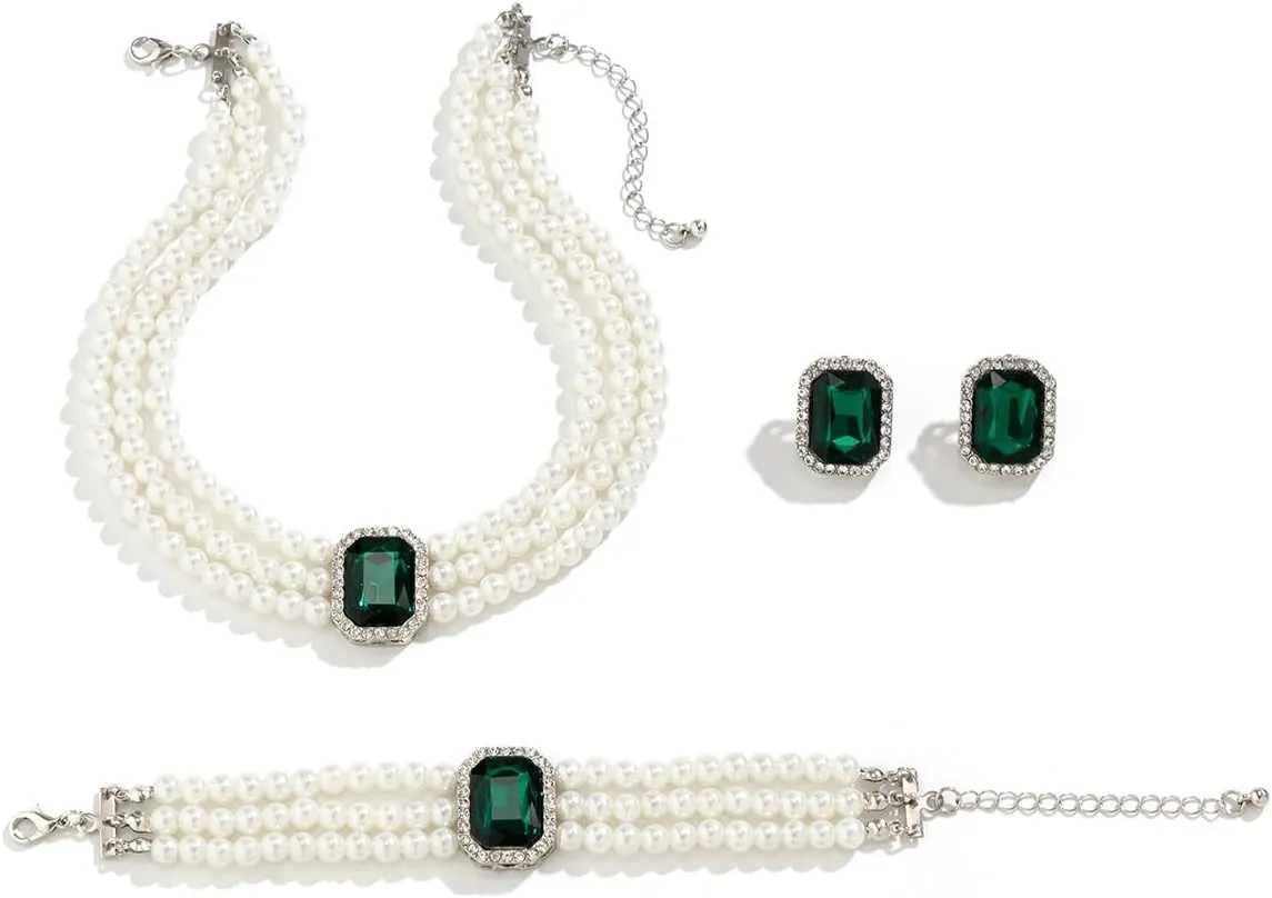 Crystal Choker Necklace for Women Earring Necklace&Bracelet Set Fashion Gemstone Pearl Necklace for Party and Wedding