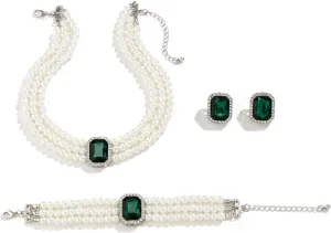 Crystal Choker Necklace for Women Earring Necklace&Bracelet Set Fashion Gemstone Pearl Necklace for Party and Wedding