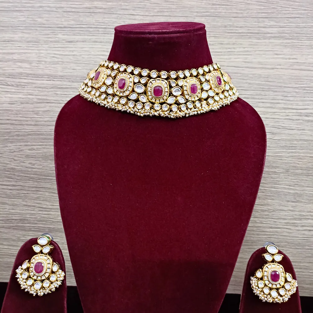 Designer Gold Plated Royal Kundan & Choker Style Necklace with Earrings (D351)
